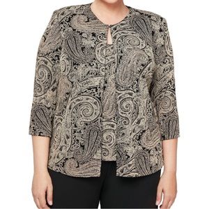 Alex Evenings Black and Gold Paisley Fancy Top and Jacket Set MOB Plus Size
